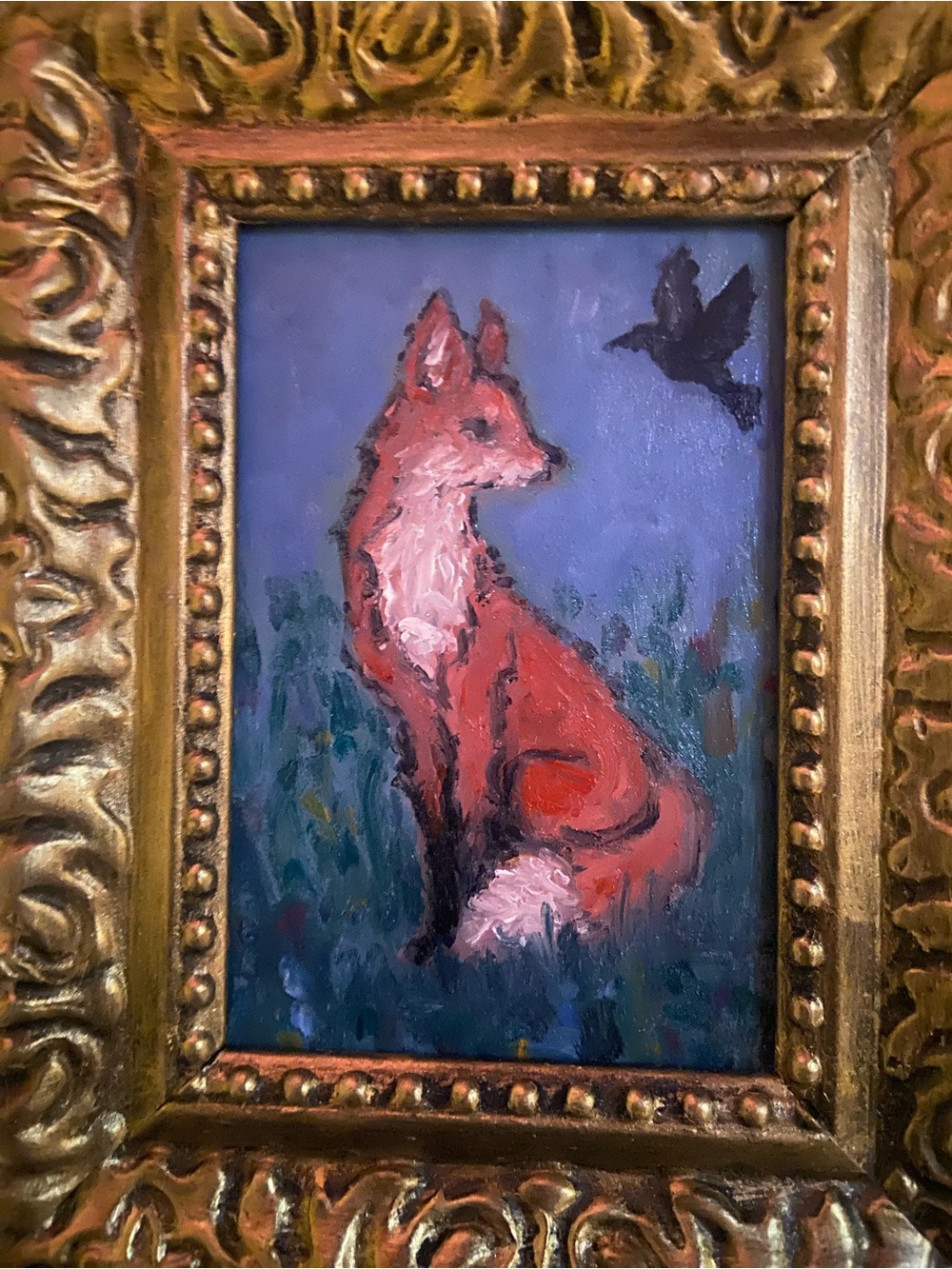 Framed Fox Oil Painting in Orange and White by